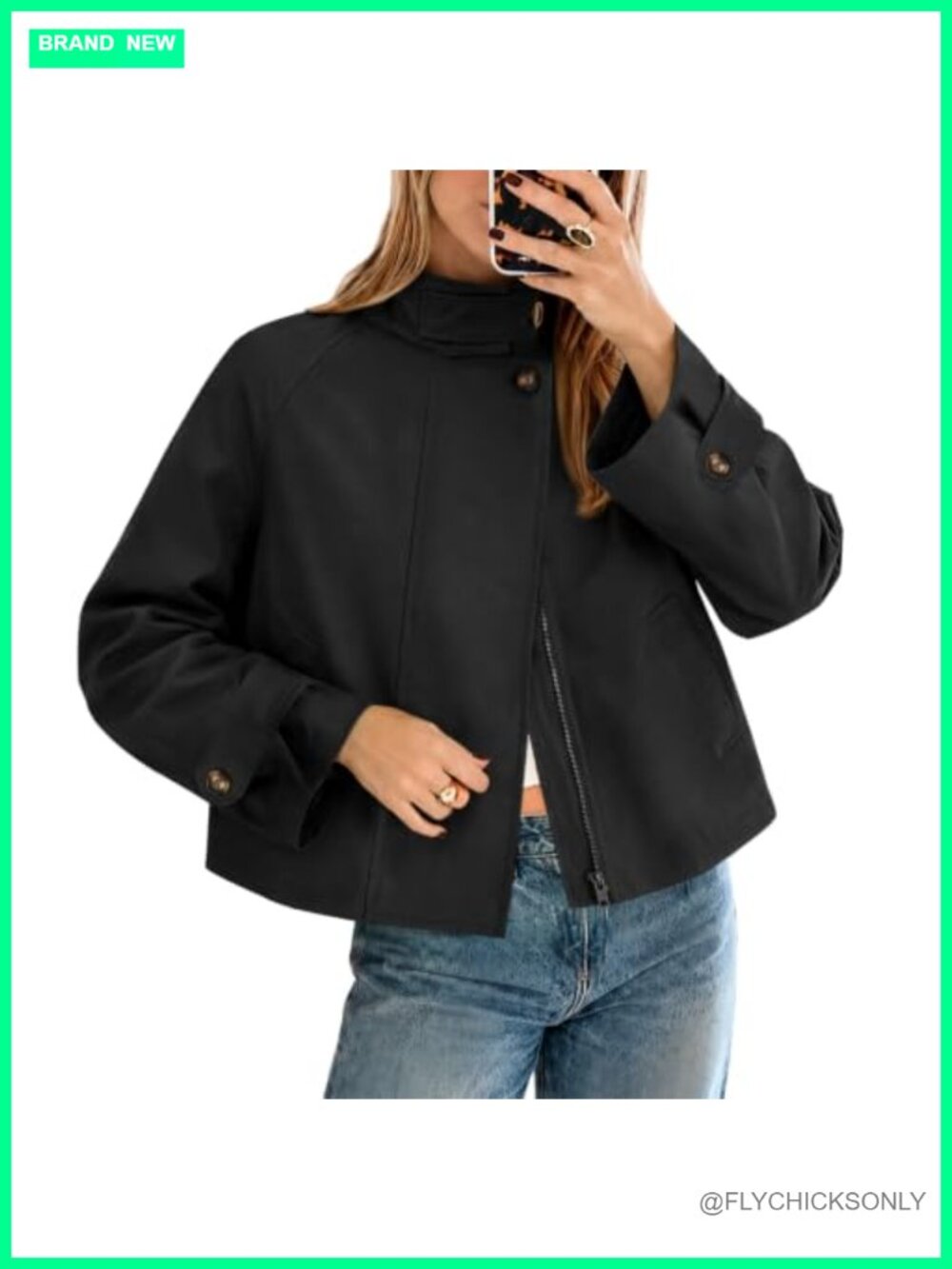 Women Cropped Trench Coat Funnel Neck Zip Jacket